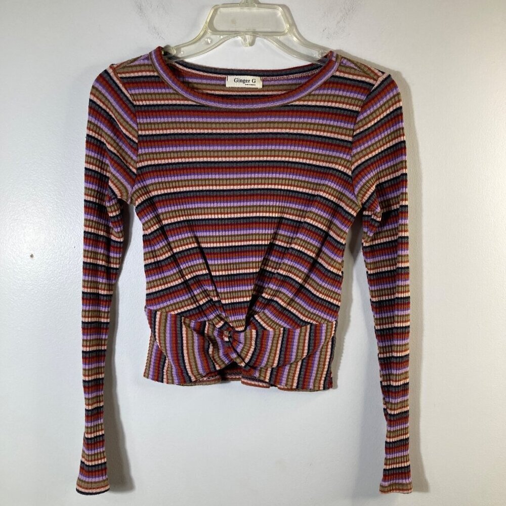 Womens‎ Ginger G Cropped Striped Top Long Sleeve Orange Brown Blue S